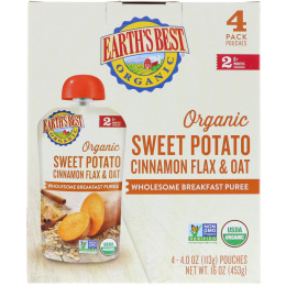 Earth's Best, Organic Sweet Potato, Cinnamon Flax & Oat, Wholesome Breakfast Puree, 6+ Months, 4 Pouches, 4.0 oz (113 g) Each