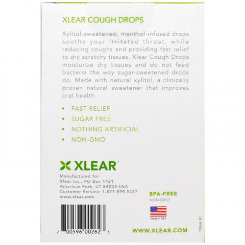 Xlear, Ксилит, Леденцы от кашля, без сахара, со вкусом зеленого яблока, 30 леденцов