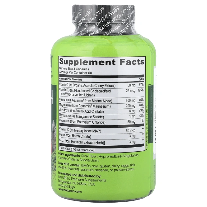 NATURELO, Bone Strength, комплекс растительного кальция, 240 вегетарианских капсул