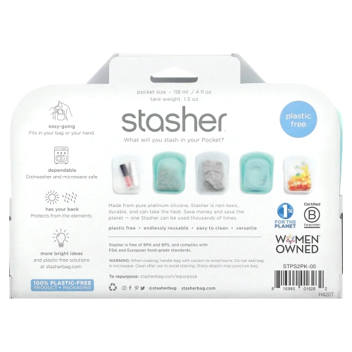 Stasher, Силиконовый карман многоразового использования, прозрачный и голубой, 2 штуки, по 42 г (4 унции)