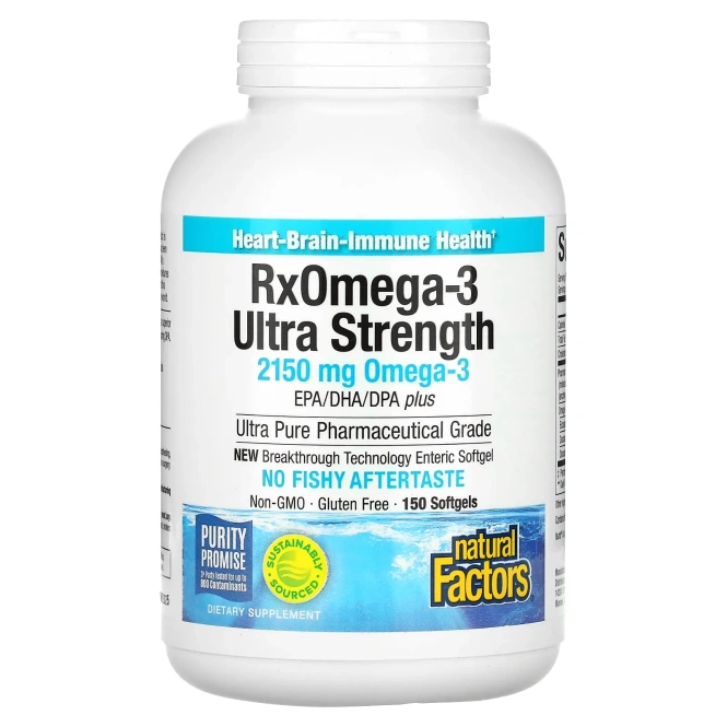 RxOmega-3 Natural Factors Рыбий жир Ultra Strength, 150 желатиновых капсул Enteripure