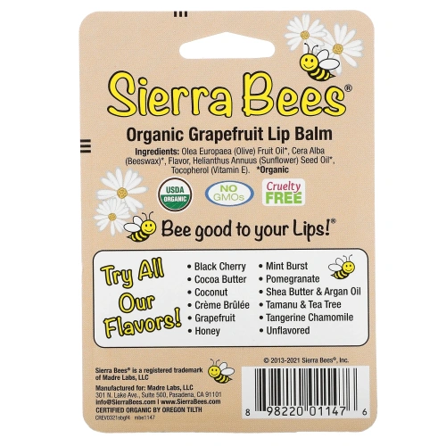 Sierra Bees, Органический бальзам для губ, грейпфрут, 4 пакетика, 0,15 унций (4,25 г) каждый