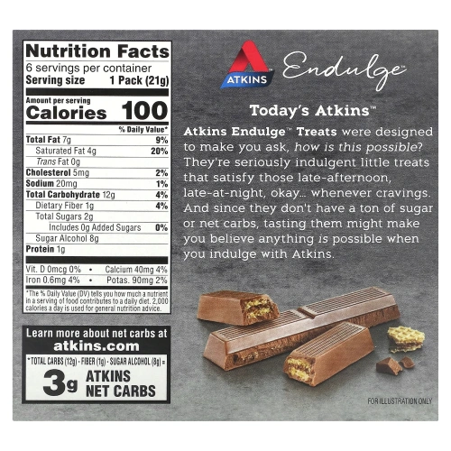 Atkins, Endulge, Treat, шоколадный батончик, 6 батончиков, 21 г (0,74 унции)
