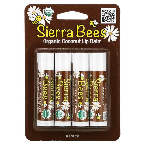 Sierra Bees, Органический бальзам для губ, кокос, 4 шт., 0,15 унций (4,25 г) каждый
