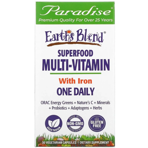Paradise Herbs, Энергия ORAC, Earth's Blend, ежедневный сверхпитательный мультивитамин, с железом, 30 капсул на растительной основе