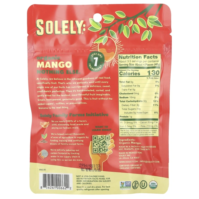 Solely, Органические сушеные фрукты, полоски манго, 142 г (5 унций)