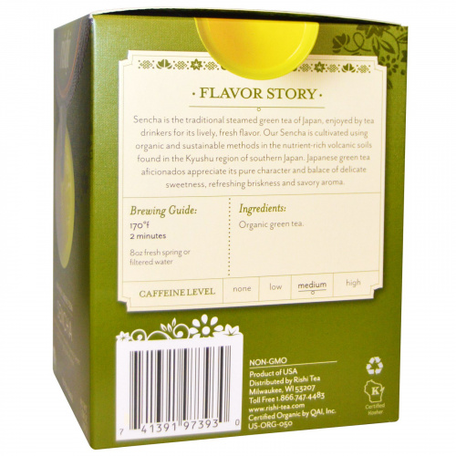 Rishi Tea, Органический зеленый чай, сенча, 15 чайных пакетиков, 1.38 унции (39 г) каждый