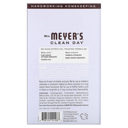 Mrs. Meyers Clean Day, Антистатические салфетки, аромат лаванды, 80 шт.
