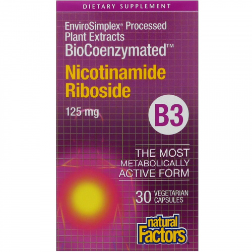 Natural Factors, BioCoenzymated, B3, Никотинамидрибозид, 125 мг, 30 вегетарианских капсул