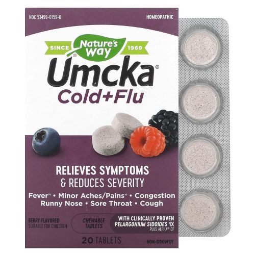 Nature's Way, Umcka, от простуды и гриппа, ягодный вкус, 20 жевательных таблеток
