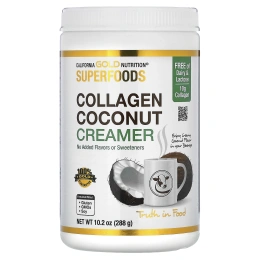 California Gold Nutrition, Superfoods, кокосовые сливки с коллагеном, порошком из органического сухого кокосового молока, пептидами гидролизованного коллагена, органическим тапиоковым мальтодекстрином и экстрактом бамбука, без подсластителей, 288 г (10,2 