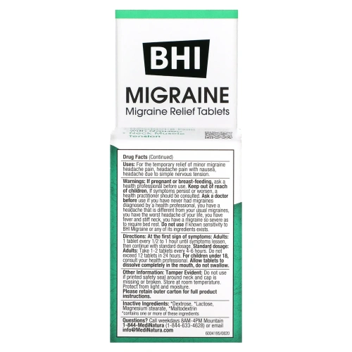 MediNatura, BHI, облегчение при мигрени, 100 таблеток