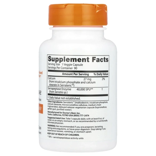 Doctor's Best, Серрапептаза (Best Serrapeptase), 90 растительных капсул