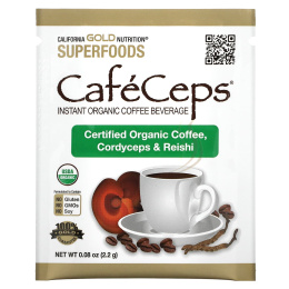 California Gold Nutrition, CafeCeps, сертифицированный органический растворимый кофе с кордицепсом и грибами рейши, 30 пакетиков, 2,2 г (0,08 унции)