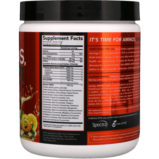 FURIOUS FORMULATIONS, Aminos, Baby!, аминокислоты с разветвленной цепью, со вкусом лимона, 360 г (12.7 oz)