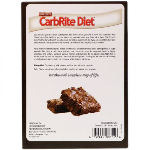 Universal Nutrition, Doctor's CarbRite Diet, Chocolate Brownie, 12 Bars, 2.00 oz (56.7 g) Each