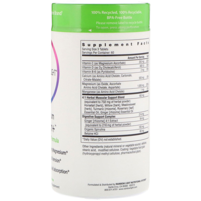 Rainbow Light, Магний и кальций+, пищевая формула, 180 таблеток