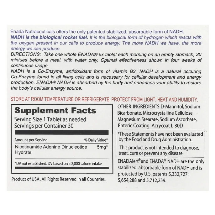 ENADA, Enada NADH, The Energizing Coenzyme, 5 мг, 30 таблеток