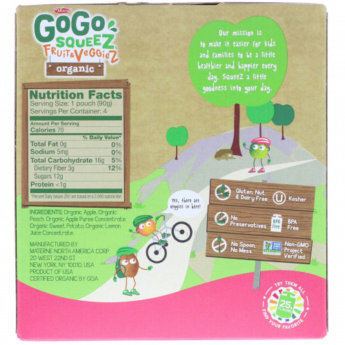 GoGo SqueeZ, Органические фрукты и овощи, персик на велосипеде, 4 пакетика по 3,2 унц. (90 г)