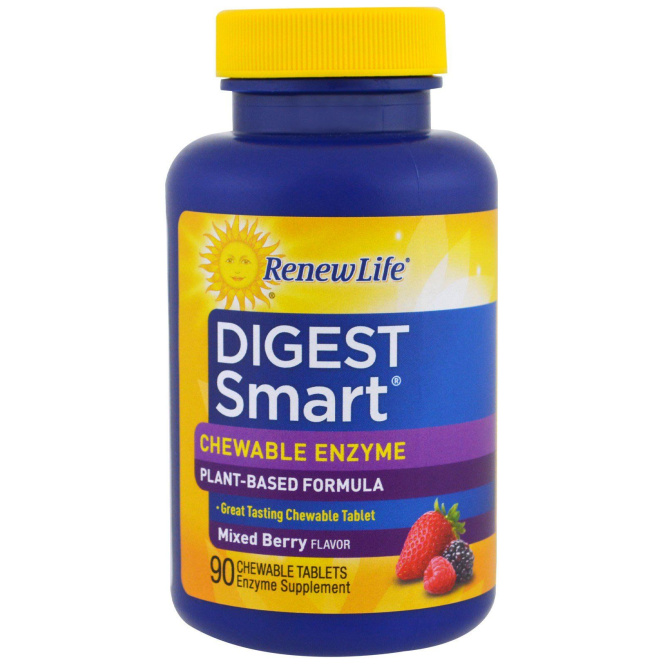 Renew Life, Digest Smart, жевательные таблетки с ферментами, ягодное ассорти, 90 жевательных таблеток