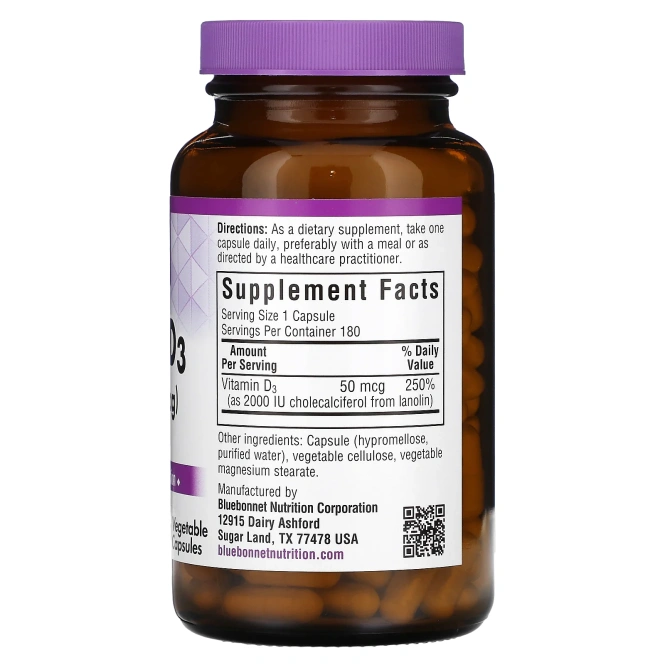 Bluebonnet Nutrition, Витамин D3, 2000 МЕ, 180 капсул в растительной оболочке