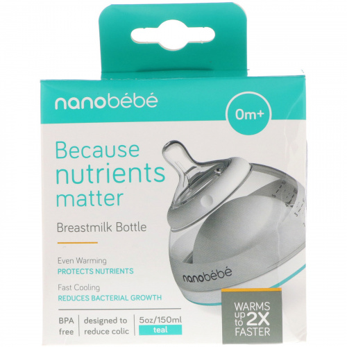 Nanobebe, Бутылка для грудного молока, от 0 месяцев, бирюзовый цвет, в одной упаковке, 5 унций (150 мл)