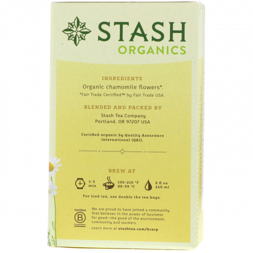 Stash Tea, Herbal Tea, Organic Chamomile, Caffeine Free, 18 Tea Bags, 0.6 oz (18 g)