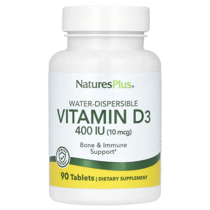 NaturesPlus, Водорастворимый витамин D3, 10 мкг (400 МЕ), 90 таблеток