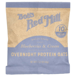 Bob's Red Mill, Overnight Protein Oats, цельнозерновые продукты, голубика и сливки, 4 пакетика по 60 г (2,12 унции)