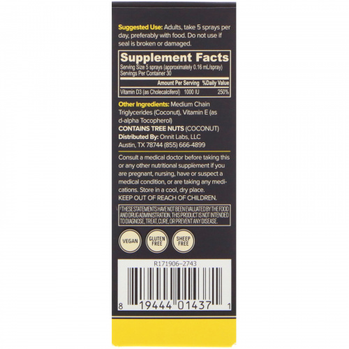 Onnit, Vitamin D3 Spray, Unflavored, 1000 МЕ, 0.8 fl oz (24 ml)