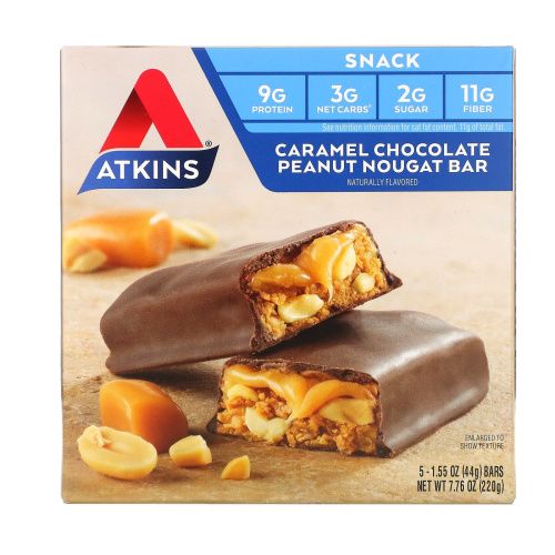 Atkins, Закуска, шоколадно-карамельный батончик с арахисом и нугой, 5 батончиков, 1,6 унц. (44 г) каждый