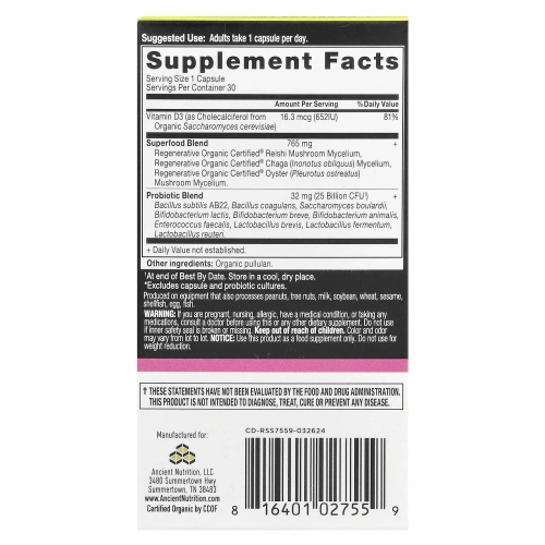 Ancient Nutrition, Пробиотики для женщин, 1 раз в день, 30 капсул