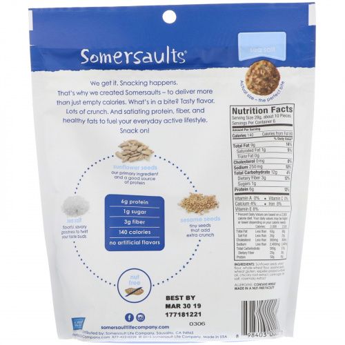 Somersaults, Sunflower Seed Crunchy Bites, Sea Salt , 6 oz (170 g)