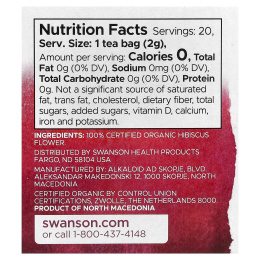 Swanson, 100% органический чай из цветков гибискуса, без кофеина, 20 чайных пакетиков, 40 г (1,4 унции)
