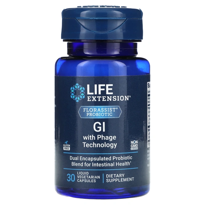 Life Extension, Florassist, пробиотик для ЖКТ с фаговой технологией, 30 вегетарианских капсул с жидкостью