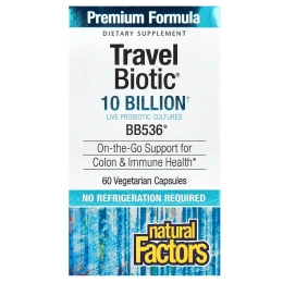 Natural Factors, "TravelBiotic", пробиотик с BB536, 10 миллиардов активных бактерий, 60 капсул в растительной оболочке