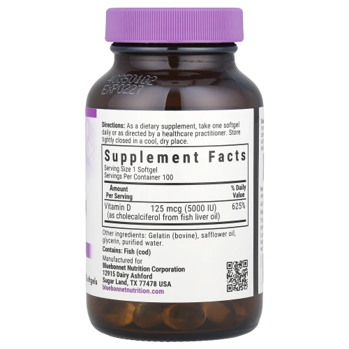 Bluebonnet Nutrition, витамин D3, 125 мкг 5000 МЕ, 100 мягких таблеток