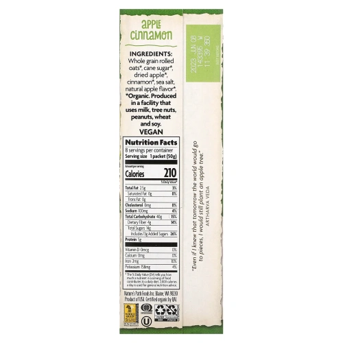 Nature's Path, Organic Instant Oatmeal, Apple Cinnamon, 8 Packets, 14 oz (400 g)