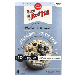 Bob's Red Mill, Overnight Protein Oats, цельнозерновые продукты, голубика и сливки, 4 пакетика по 60 г (2,12 унции)
