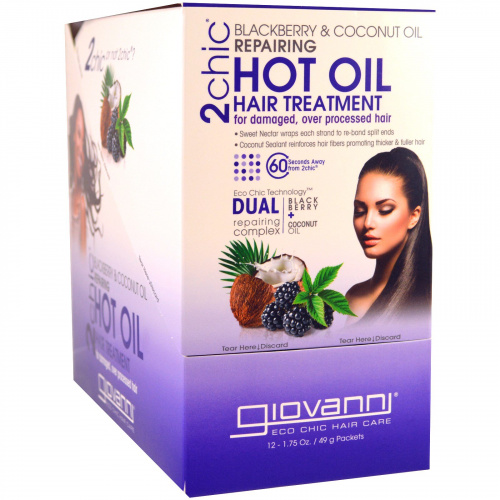 Giovanni, 2chic, восстанавливающее средство для волос с маслом, черника+ кокосовое масло, 12 пакетиков, 1,75 унции (49 г) каждый