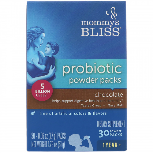 Mommy's Bliss, Порошок пробиотиков пакетированный, шоколад, 1 год +, 30 пакетиков порошка, 0,06 унц. (1,7 г) каждый