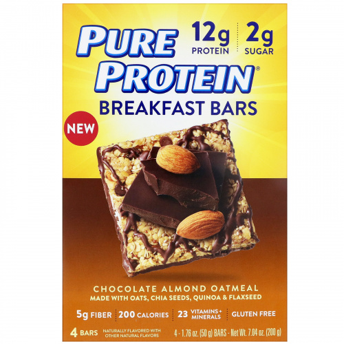 Pure Protein, Батончики для завтрака, шоколад, миндаль и овсянка, 4 батончика, по 50 г каждый