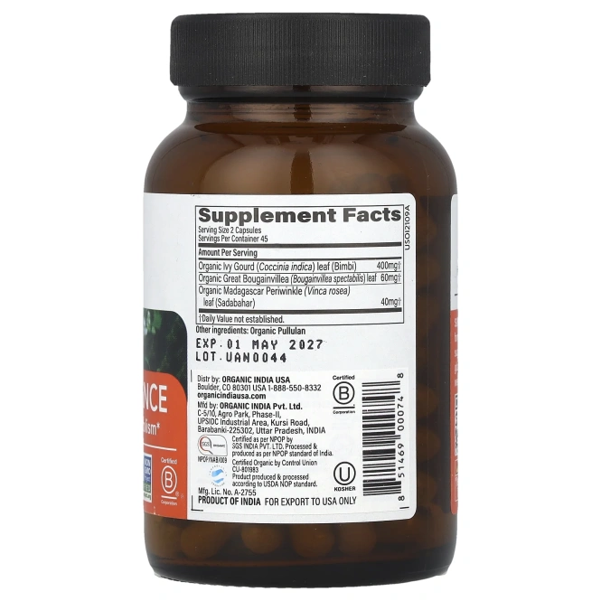 Organic India, Sugar Balance, здоровый метаболизм глюкозы, 90 растительных капсул