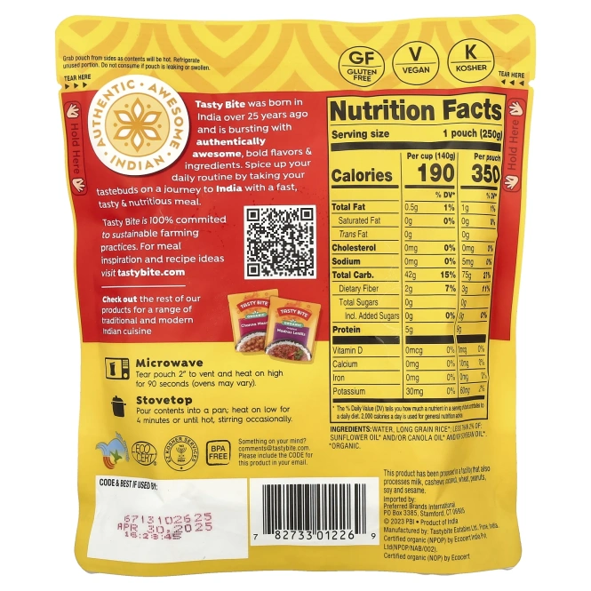 Tasty Bite, Органический клейкий рис, 250 г (8,8 унции)