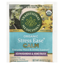 Traditional Medicinals, Organic Stress Ease® Calm, ашваганда и ханибуш, без кофеина, 16 чайных пакетиков в упаковке, 24 г (0,85 унции)