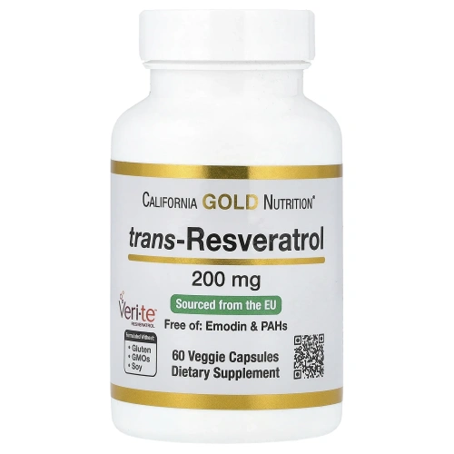 California Gold Nutrition, Транс-ресвератрол, 98% чистый, 200 мг, 60 вегетарианских капсул