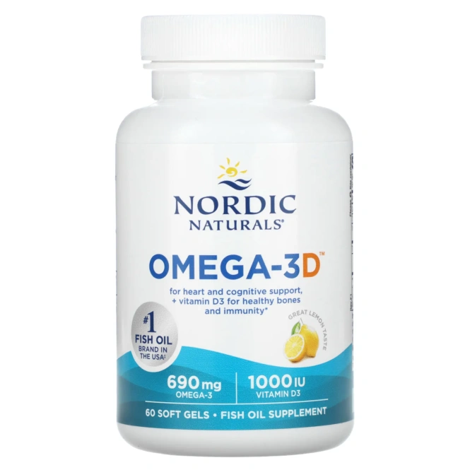 Nordic Naturals, Омега-3D, лимонный, 1000 мг, 60 мягких капсул