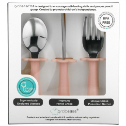 Grabease, Вилка из нержавеющей стали, набор ножей и ложек, для 18 месяцев и старше, для румян, 1 набор