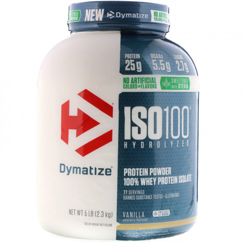 Dymatize Nutrition, ISO100 гидролизованный, 100% изолят сывороточного протеина, натуральный ванильный вкус, 5 фунтов (2,3 кг)