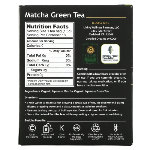 Buddha Teas, Organic Herbal Tea, зеленый матча, 18 чайных пакетиков, 27 г (0,95 унции)